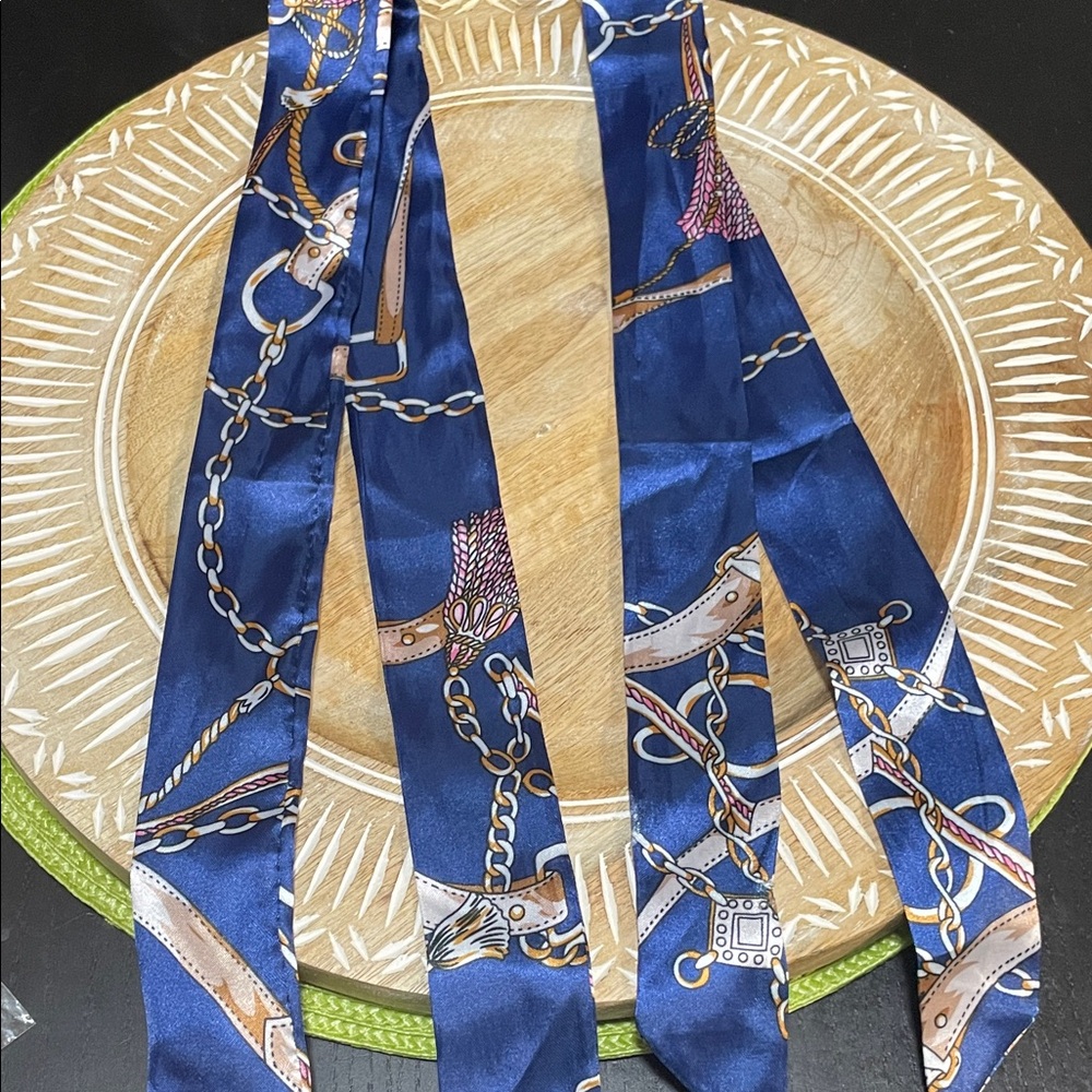 NWOT Two Blue Equestrian Print Silk Bag Scarves
